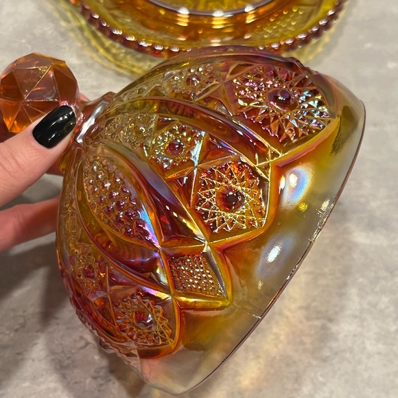 Indiana Glass Co. Iridescent Sunset Carnival Glass Round Butter Dish orange - Picture 8 of 14